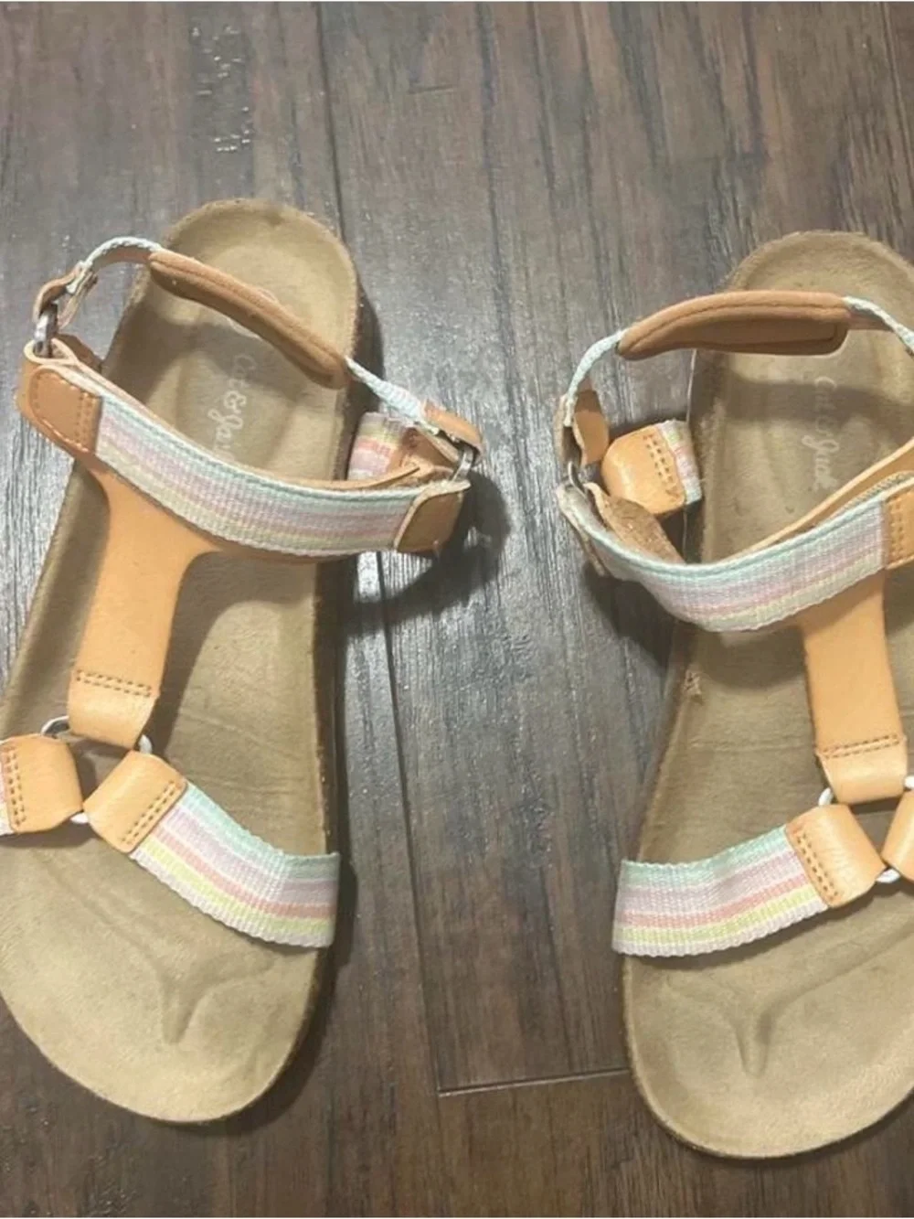 Cat & Jack Girls Tan Sandals with Pastel Stripe Straps